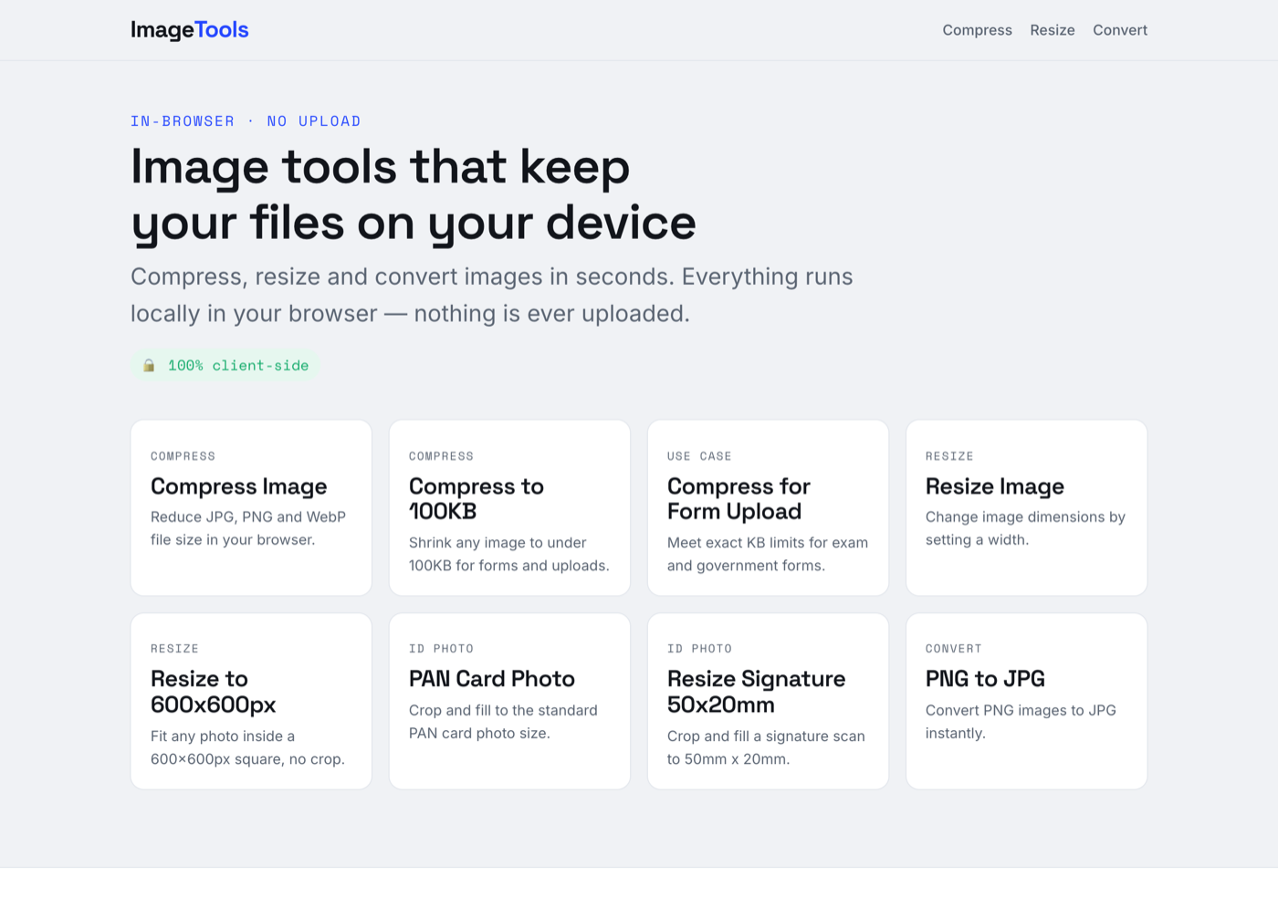 imgtokb homepage listing compress, resize, and convert tools